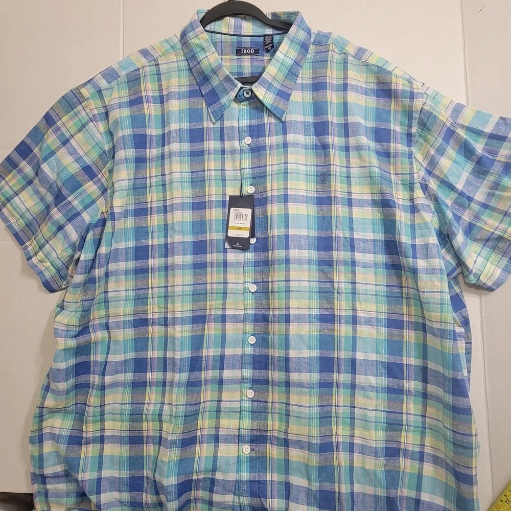 NEW Izod Mens 4XB Madras Woven Florida Key S/S Button Down Multi Plaid Linen Ble